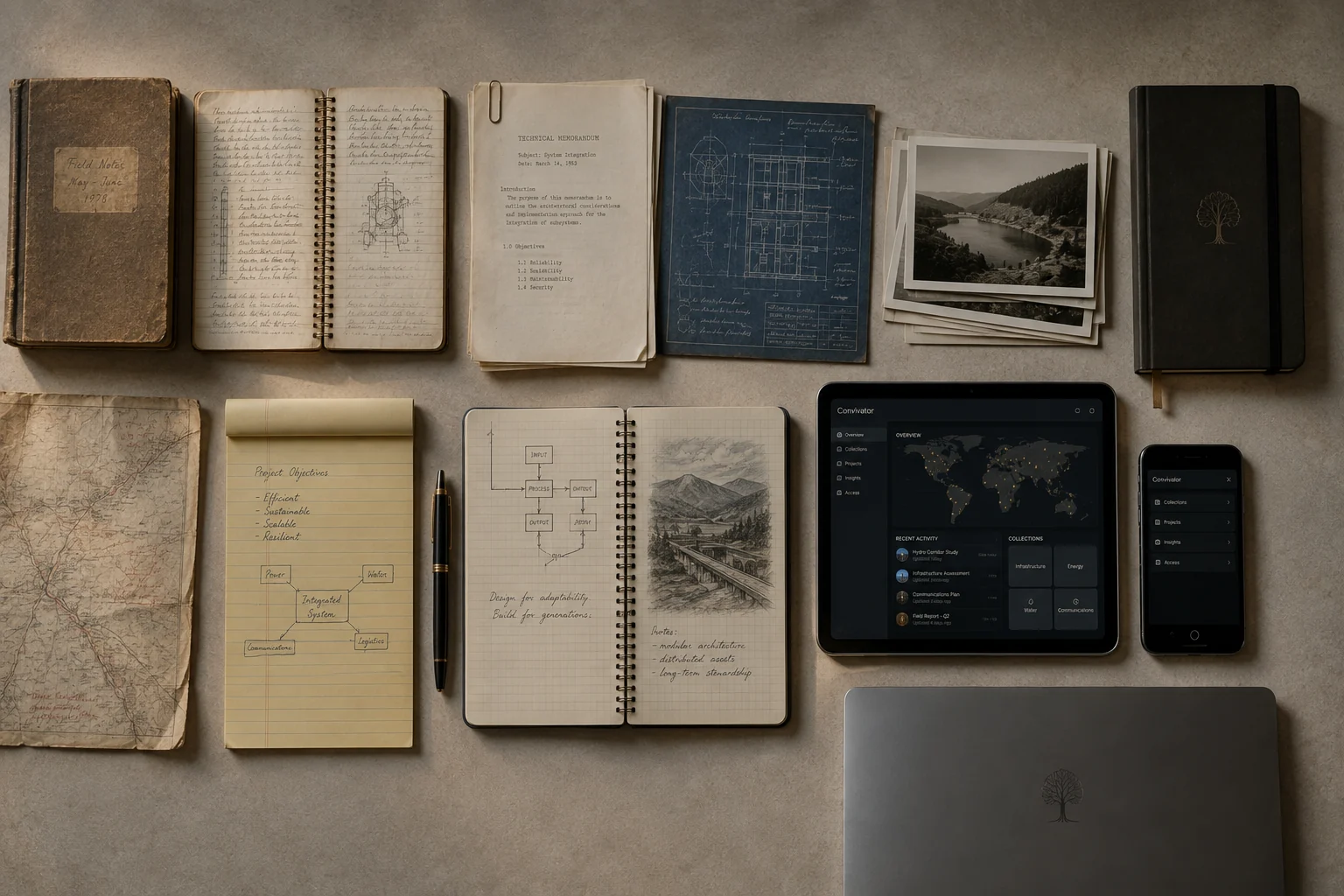 An overhead progression from handwritten records and blueprints to contemporary digital tools