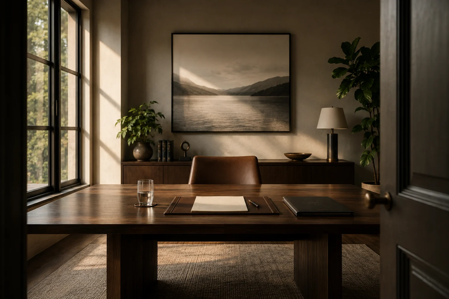 A prepared meeting room with an empty chair, notebook, pen, and glass of water