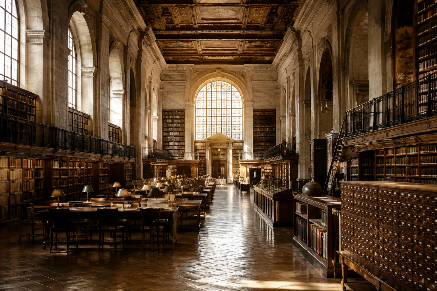 A grand library with extensive shelves, reading tables, card catalog cabinets, and preserved collections