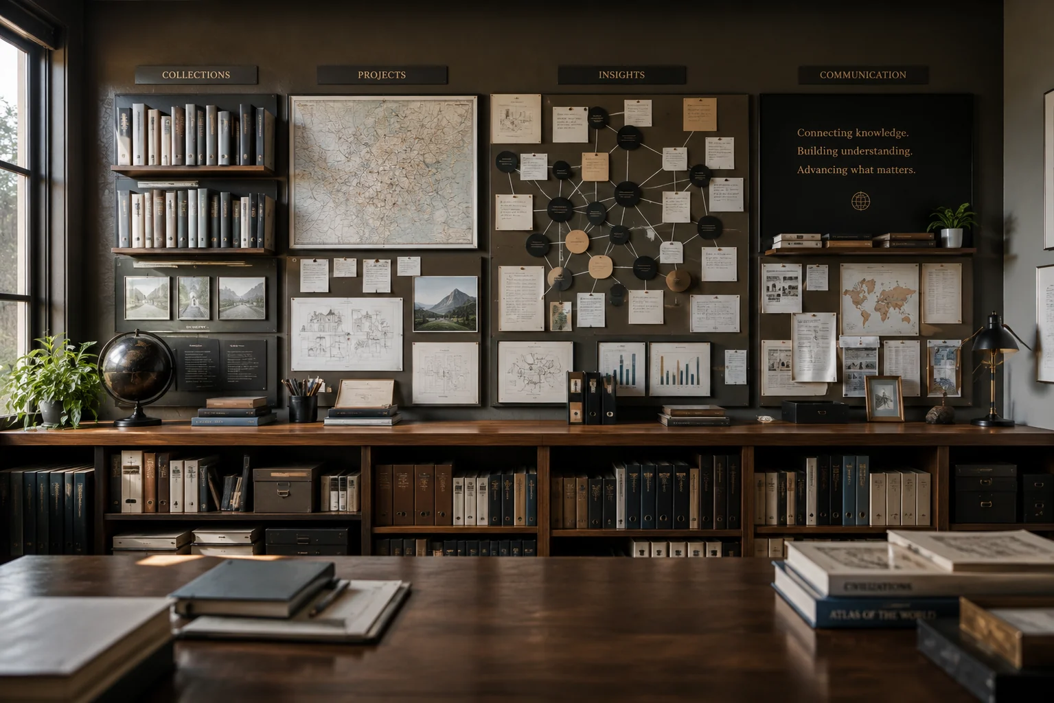 A curated information wall showing organized collections, projects, relationships, maps, records, and reports
